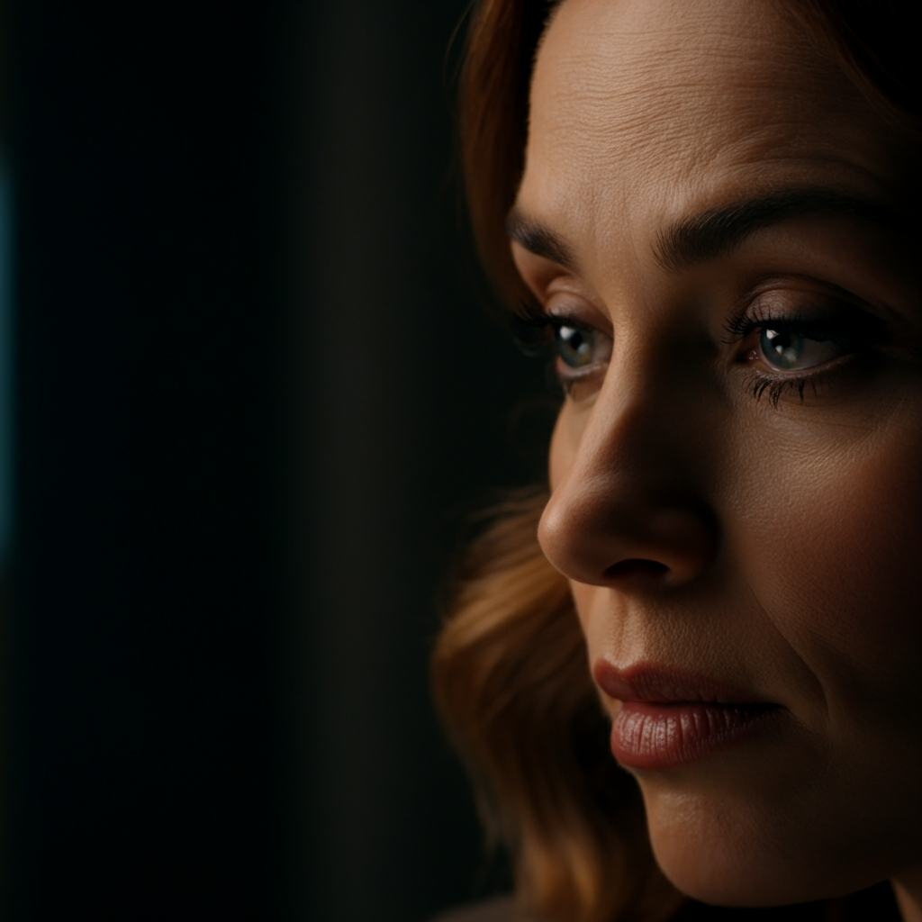 Close-up shot of a woman's face as she listens intently to someone speaking. Focus on her eyes and the subtle expressions of empathy on her face. Soft, diffused lighting.