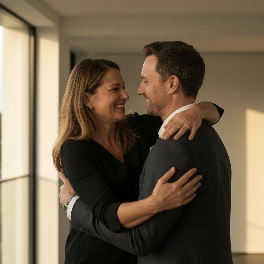 A woman giving a man a supportive hug. Warm, golden hour lighting. They are both smiling and looking at each other with affection.