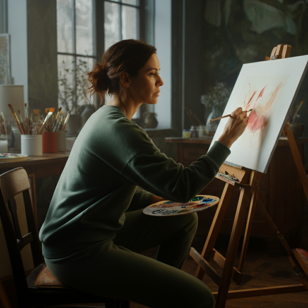 A woman painting in her art studio, focused and content. Soft, natural light coming from a large window. Art supplies are scattered around the room.