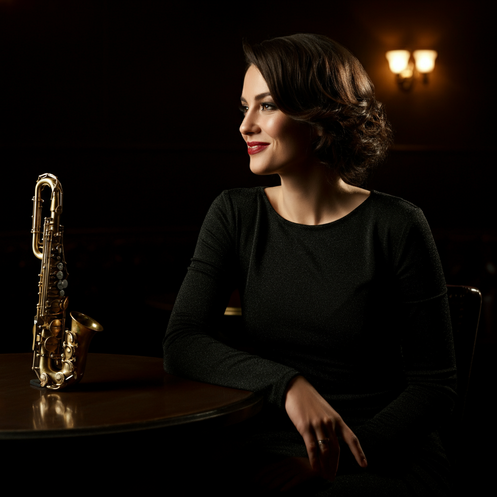 A woman sitting at a table in a dimly lit jazz club. She is smiling mysteriously and listening to the music. Soft, low lighting with a focus on her face.