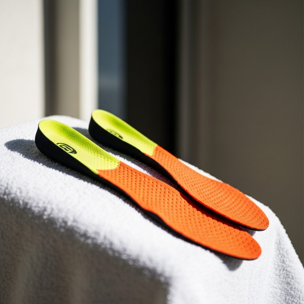 A pair of brightly colored soccer insoles are laid out on a clean towel, drying in the sun. Bokeh effect on the background, focusing on the texture of the insoles.