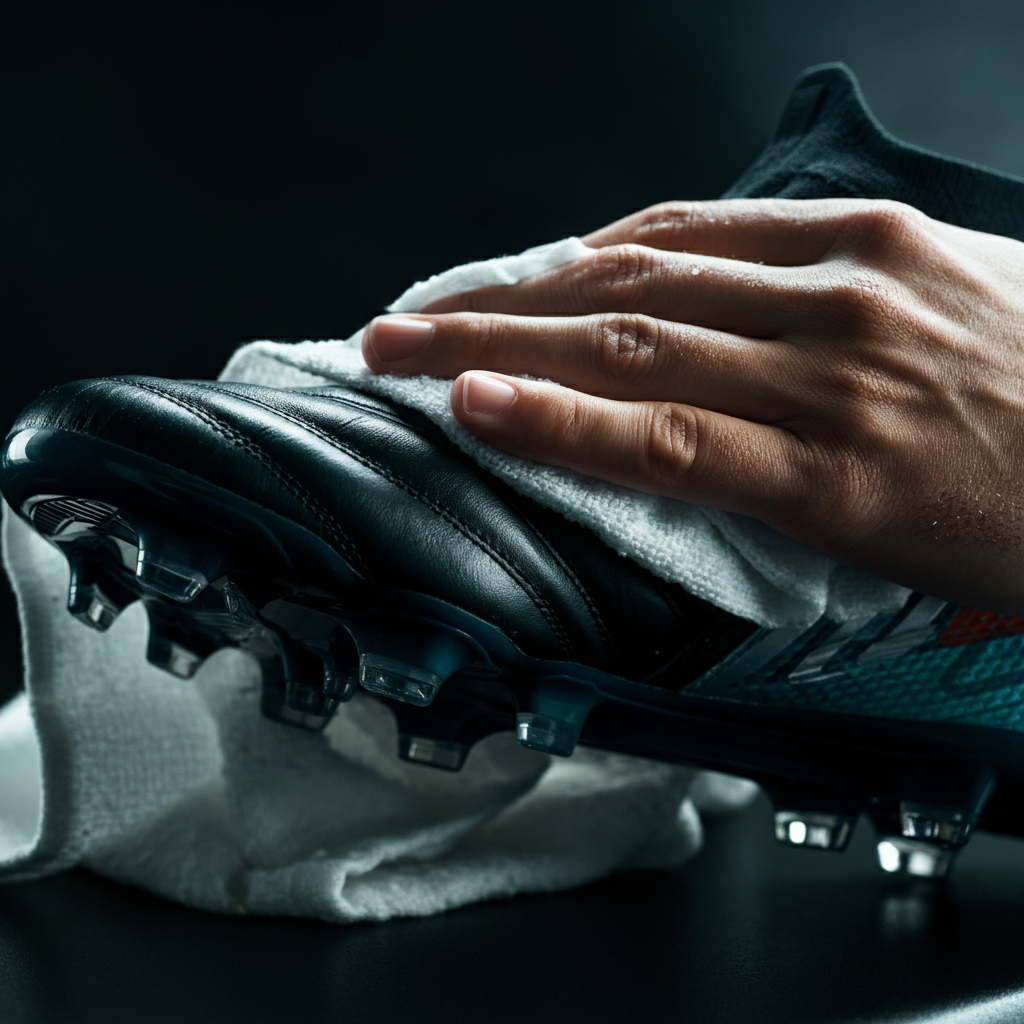 A close-up shot of a hand patting a soccer cleat dry with a clean, white towel. The towel is visibly damp, demonstrating its absorption. Focus is on the texture of the cleat and the towel.