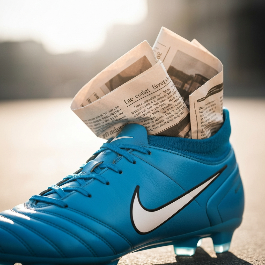 A soccer cleat is partially stuffed with crumpled newspaper. The newspaper is lightly packed, not overly dense, and some of it is sticking out of the top. Soft, warm lighting.