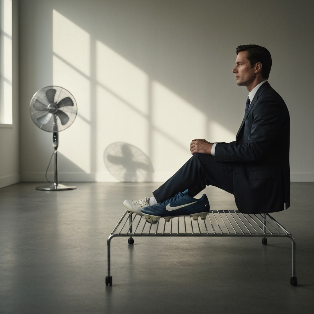 A pair of soccer cleats sits on a wire rack in a well-lit room, with a fan gently blowing in the background. Soft, indirect sunlight fills the room.