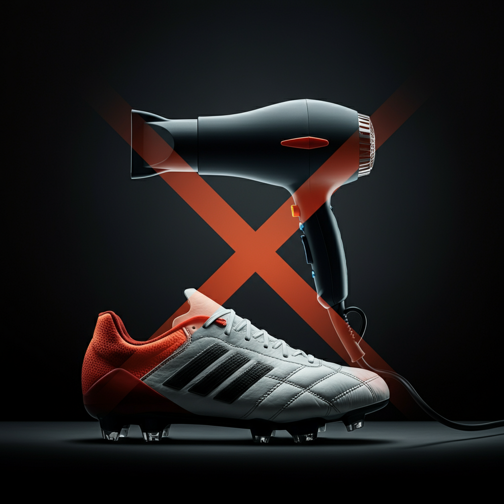 A crossed-out image of a hair dryer pointed at a soccer cleat, symbolizing the avoidance of direct heat. The lighting is stark and clear, emphasizing the prohibition.