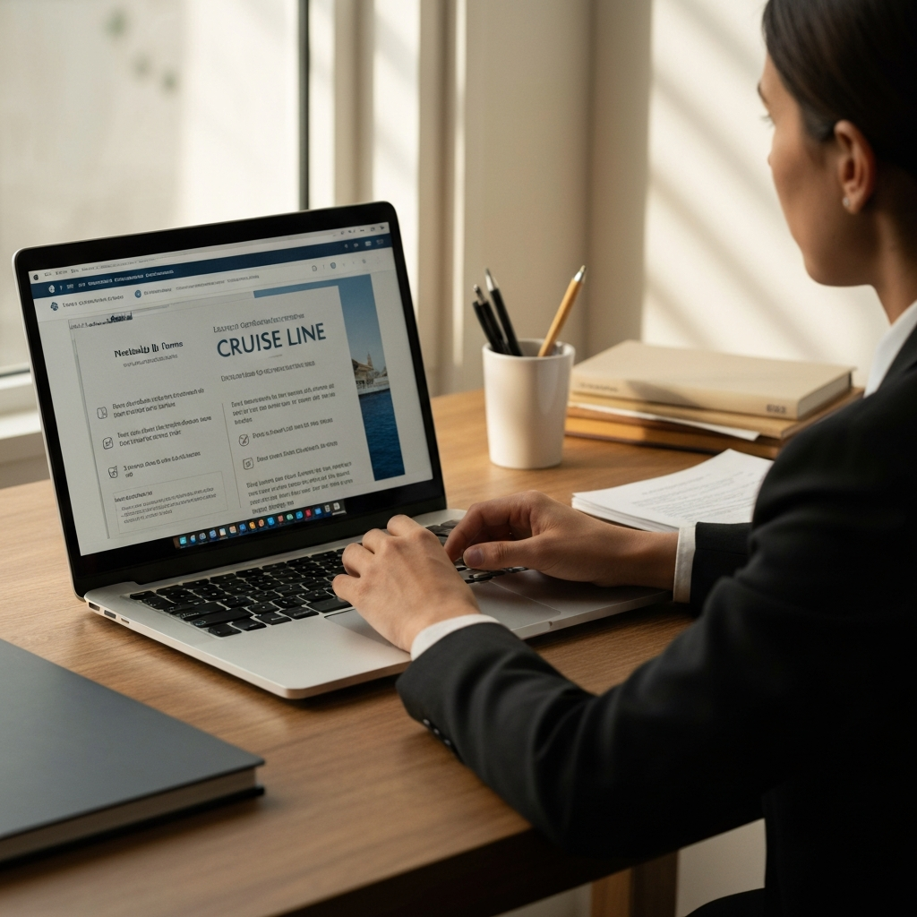 A well-organized desk with a laptop displaying a cruise line website, a printed booking confirmation, and a highlighted list of prohibited items. Soft, natural light floods the scene.