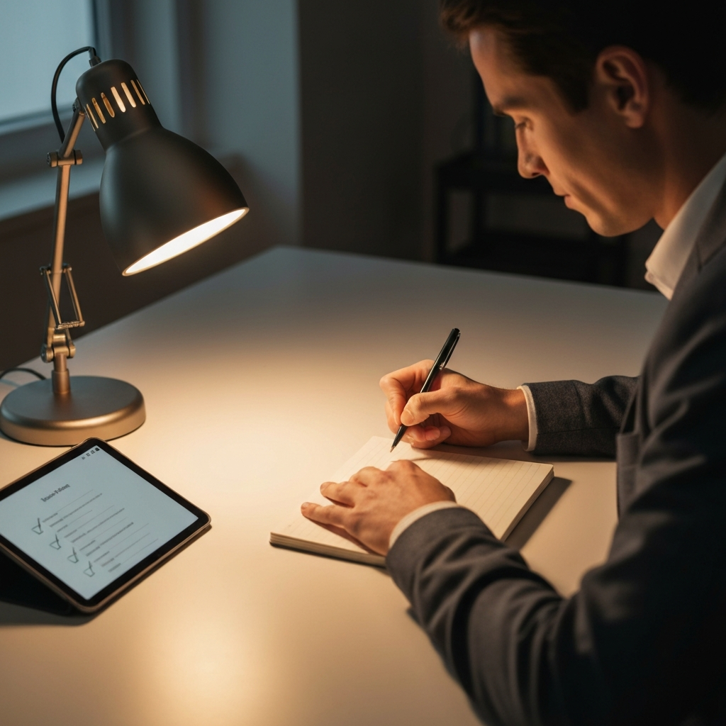 A person sitting at a desk, illuminated by a warm desk lamp, carefully writing on a notepad. A tablet displaying a digital checklist sits beside them. The focus is on the texture of the paper and the focused expression of the person.