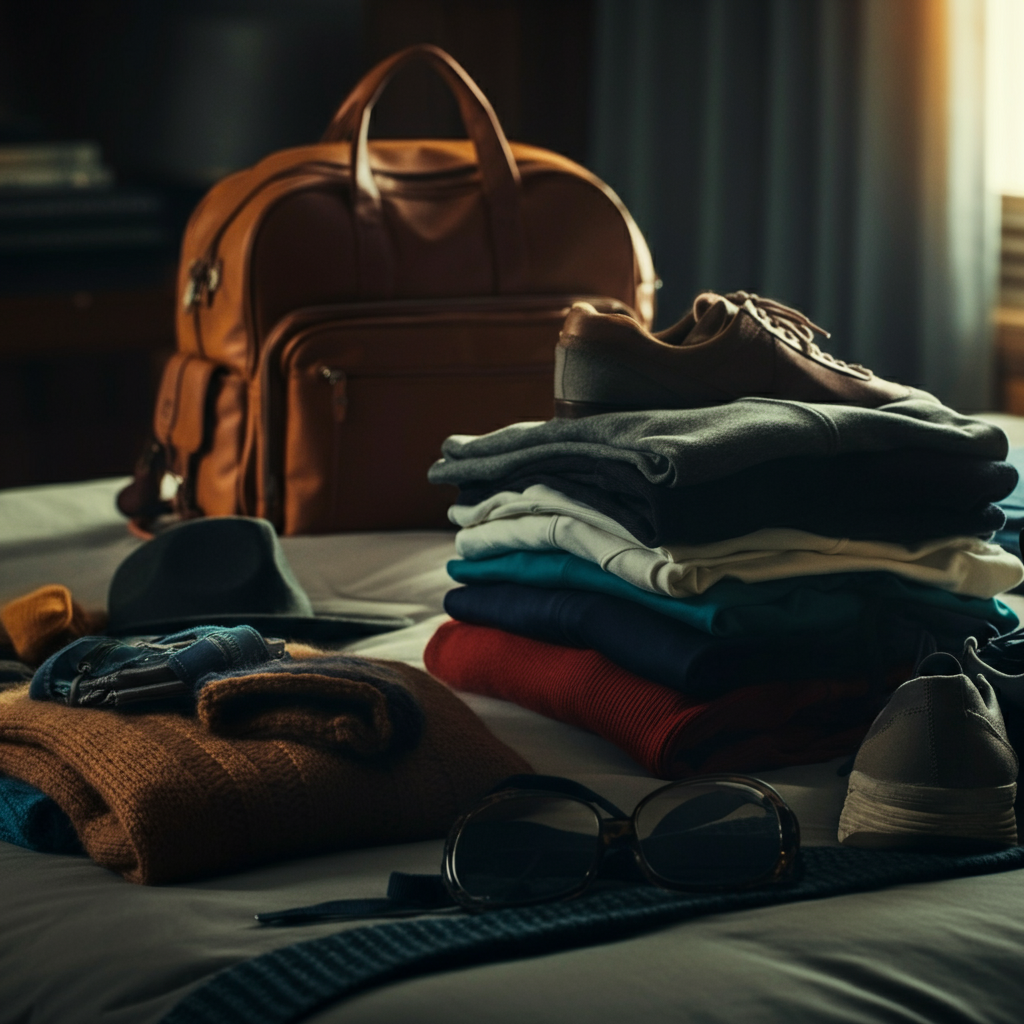 A clean, well-lit bedroom with a bed covered in neatly folded clothes, shoes, and various travel accessories. The lighting is soft and diffused, creating a sense of calm and order.