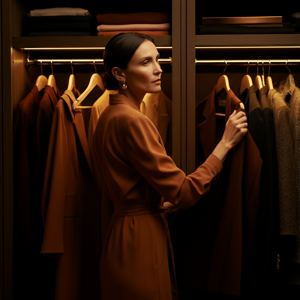 A woman standing in front of a closet, selecting clothes with a thoughtful expression. The focus is on the texture of the fabrics and the color coordination of the outfits. The lighting is warm and inviting.