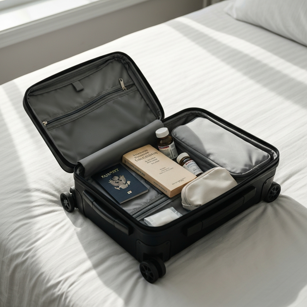 A carry-on suitcase open on a bed, revealing neatly packed essentials like a passport, medication bottles, a book, and a small toiletry bag. The lighting is bright and focused, highlighting the important items.