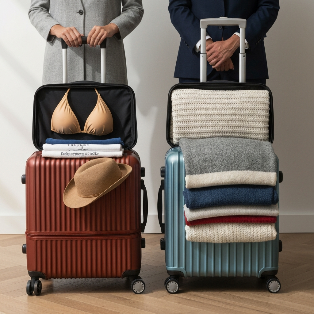 Two suitcases side-by-side, one packed with beachwear and the other with layered clothing for cold weather. The lighting highlights the different fabrics and textures of the clothing, showcasing the contrast between the two destinations.