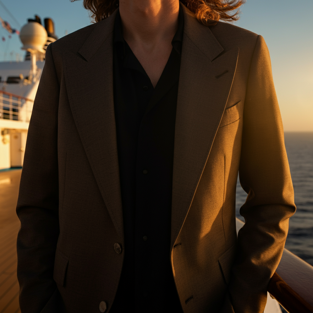 A person wearing a stylish jacket on the deck of a cruise ship at sunset. The golden hour lighting creates a warm and inviting atmosphere, highlighting the texture of the jacket and the person's relaxed expression.