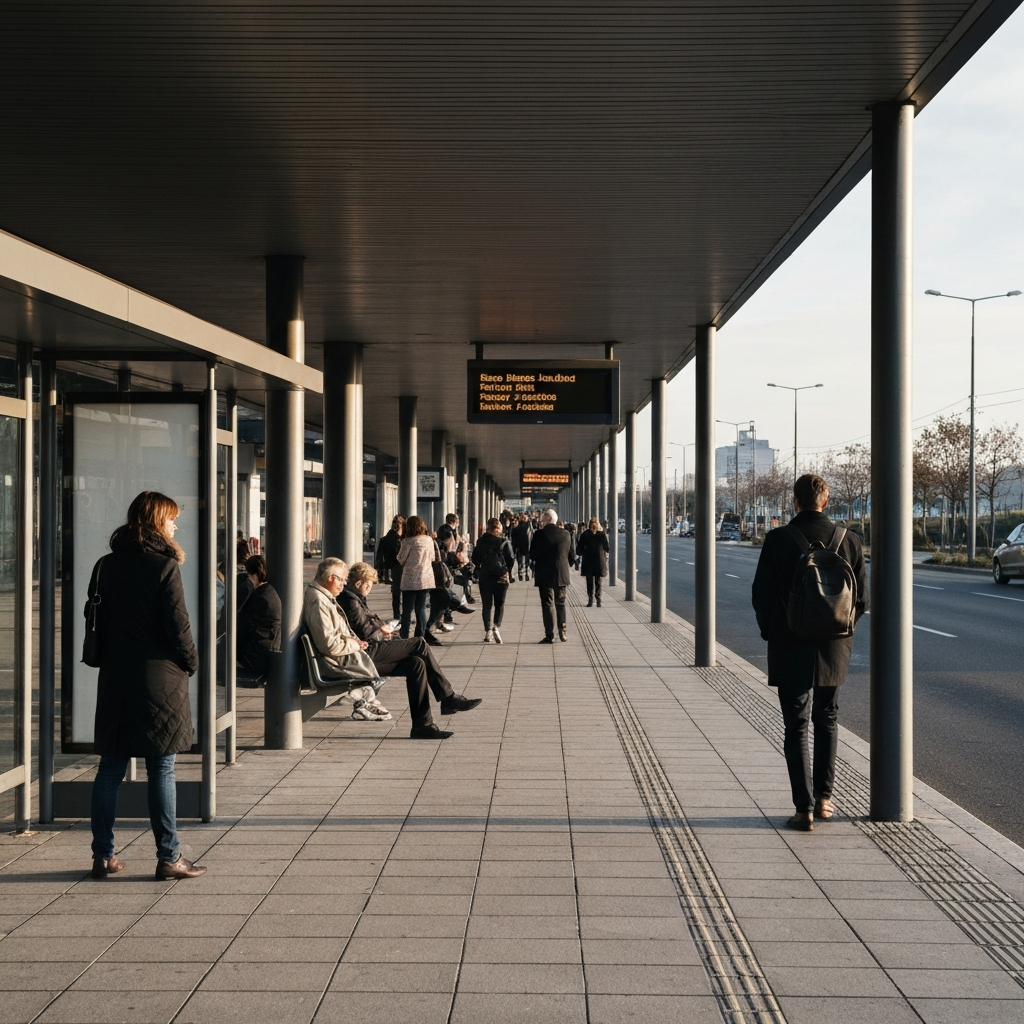 An exterior shot of a crowded bus stop. Early morning light, highlighting textures of the pavement and the waiting passengers. A digital display board showing a delayed bus arrival time is visible.