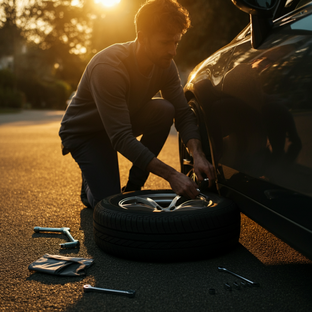 A person in casual clothes, kneeling beside a car, appearing to change a flat tire on the side of a quiet residential street. Golden hour lighting, emphasizing the texture of the tire and the tools.