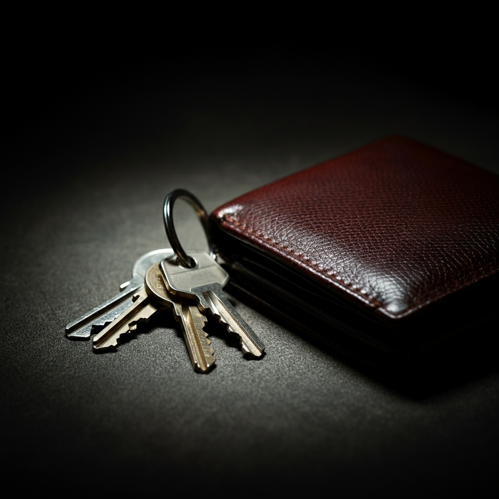 A close-up shot of a set of keys and a wallet lying on a cluttered table. Soft, diffused lighting, highlighting the worn leather texture of the wallet and the metallic sheen of the keys.