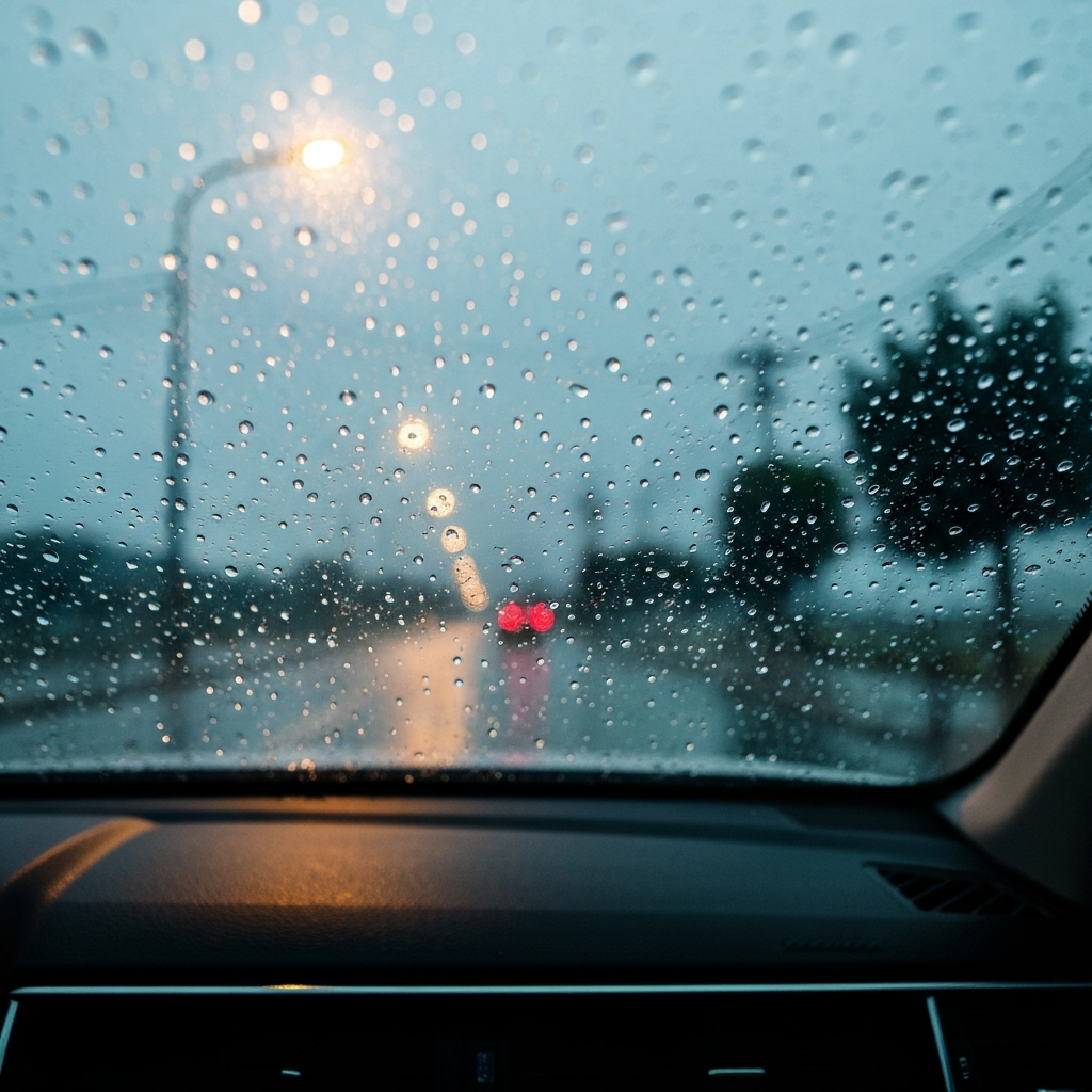 A blurred view through a car windshield during a heavy rainstorm. Streetlights are visible through the rain, creating a sense of reduced visibility. Close-up framing, capturing the water droplets on the glass.