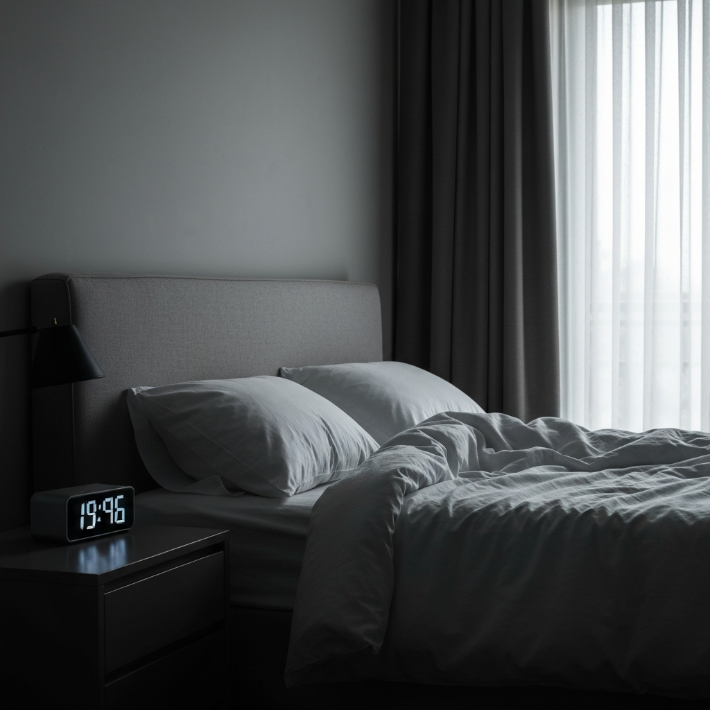 A bedroom scene with a rumpled bed and a bedside table. A digital alarm clock is displaying a late time. Dim, early morning light filtering through the curtains.