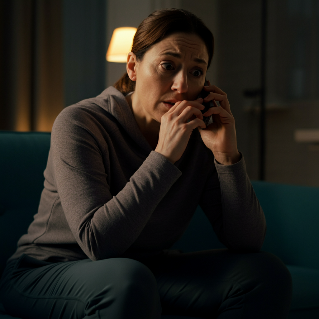 A person sitting on a sofa, looking concerned while talking on a cell phone. Soft, warm lighting, creating a sense of intimacy and privacy.