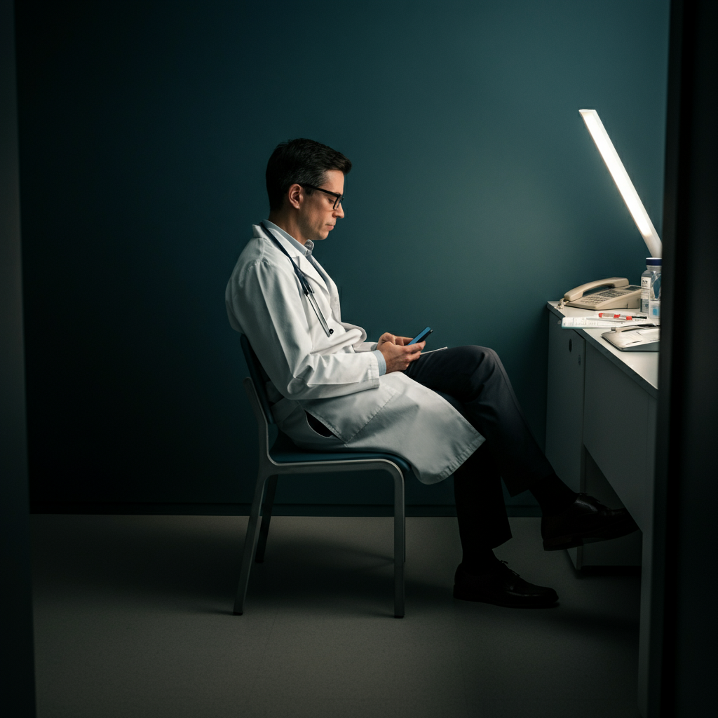 An interior shot of a doctor's waiting room. Soft, natural light filtering through a window. A person is seated, looking at their phone, with a neutral expression.