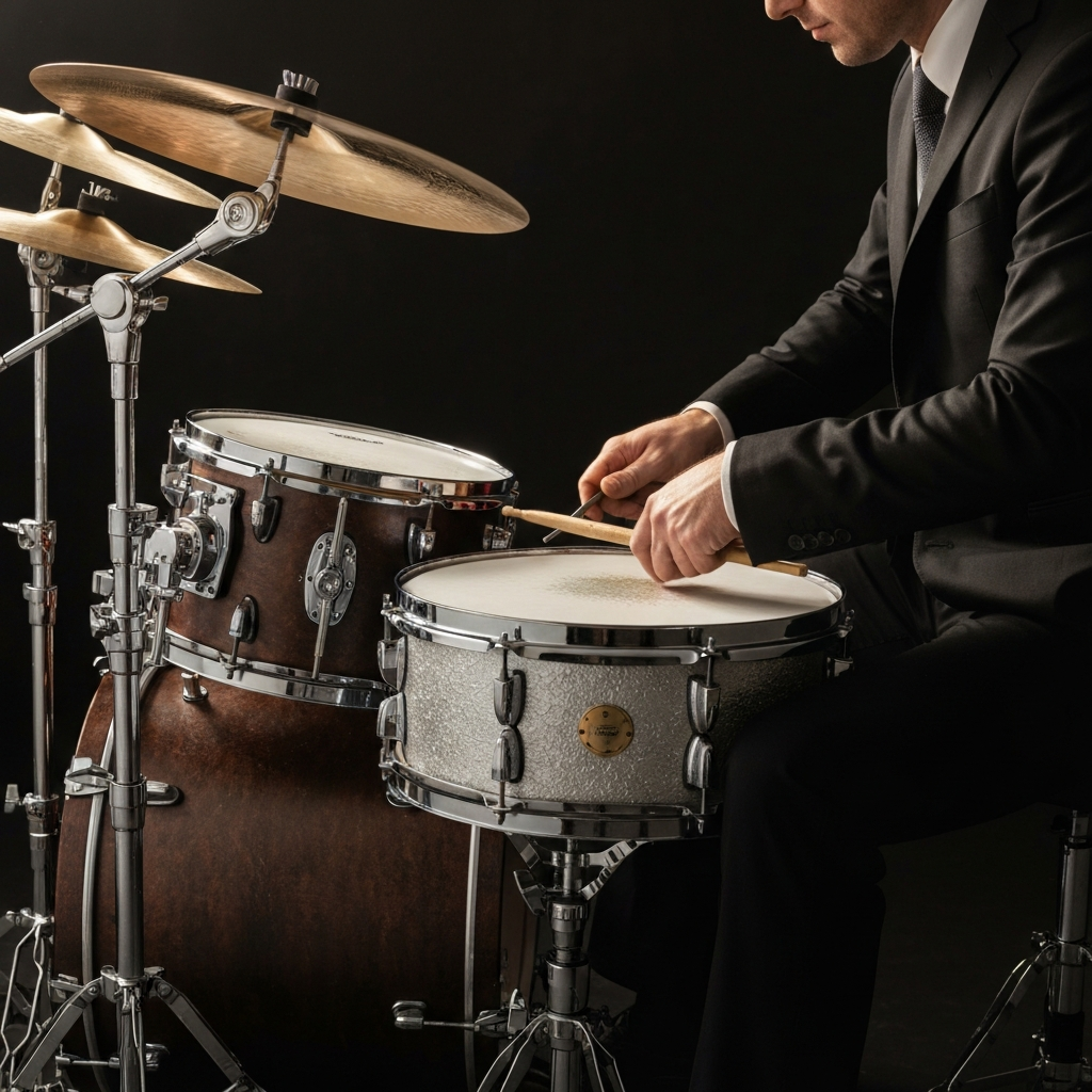 Drum set in a well-lit studio, a drummer is carefully tuning a snare drum with a drum key. Soft side lighting highlights the texture of the drumhead and the chrome hardware.