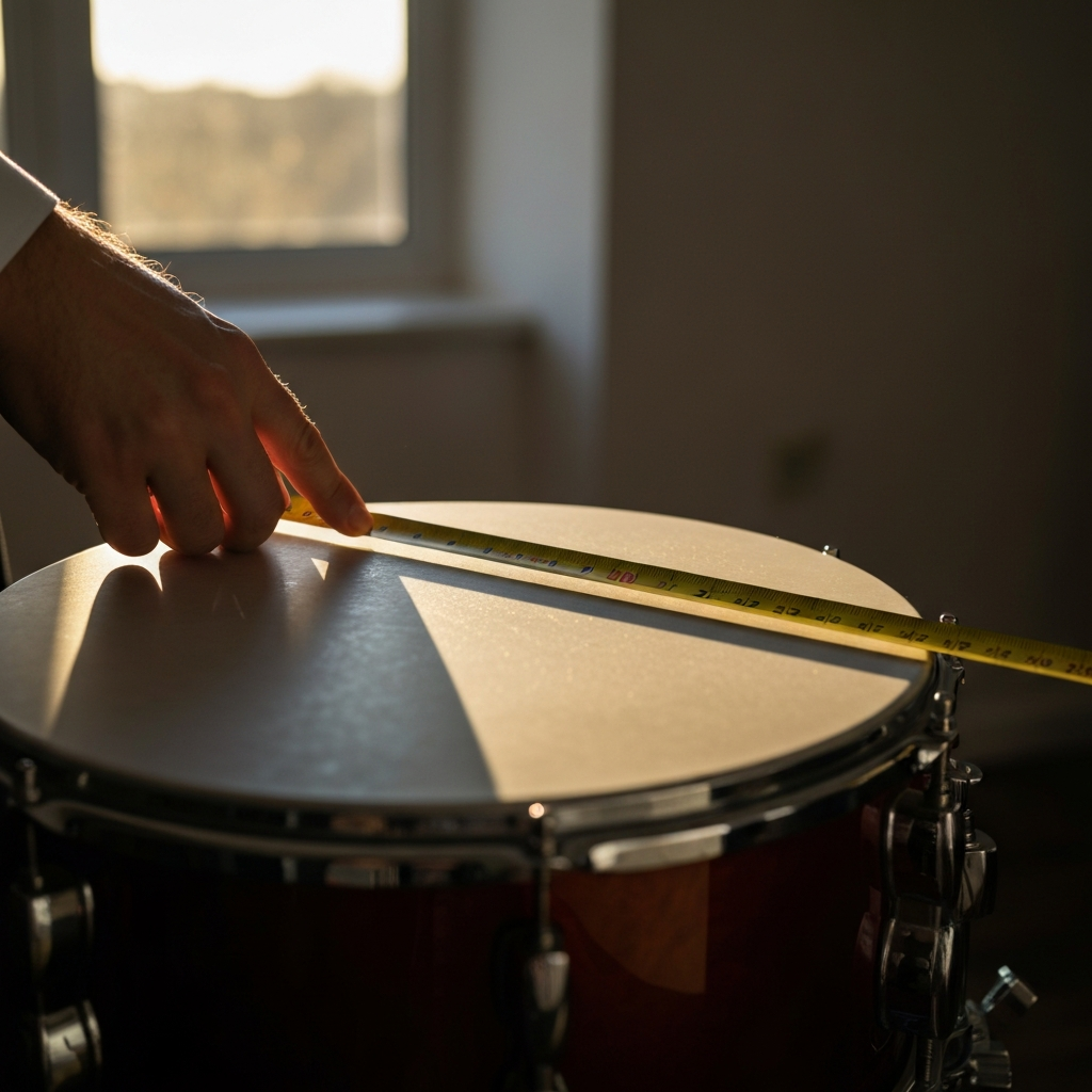 Close-up shot of a hand holding a tape measure across a drumhead, focusing on the precision of the measurement. Golden hour lighting streams through a window, casting a warm glow on the drum.
