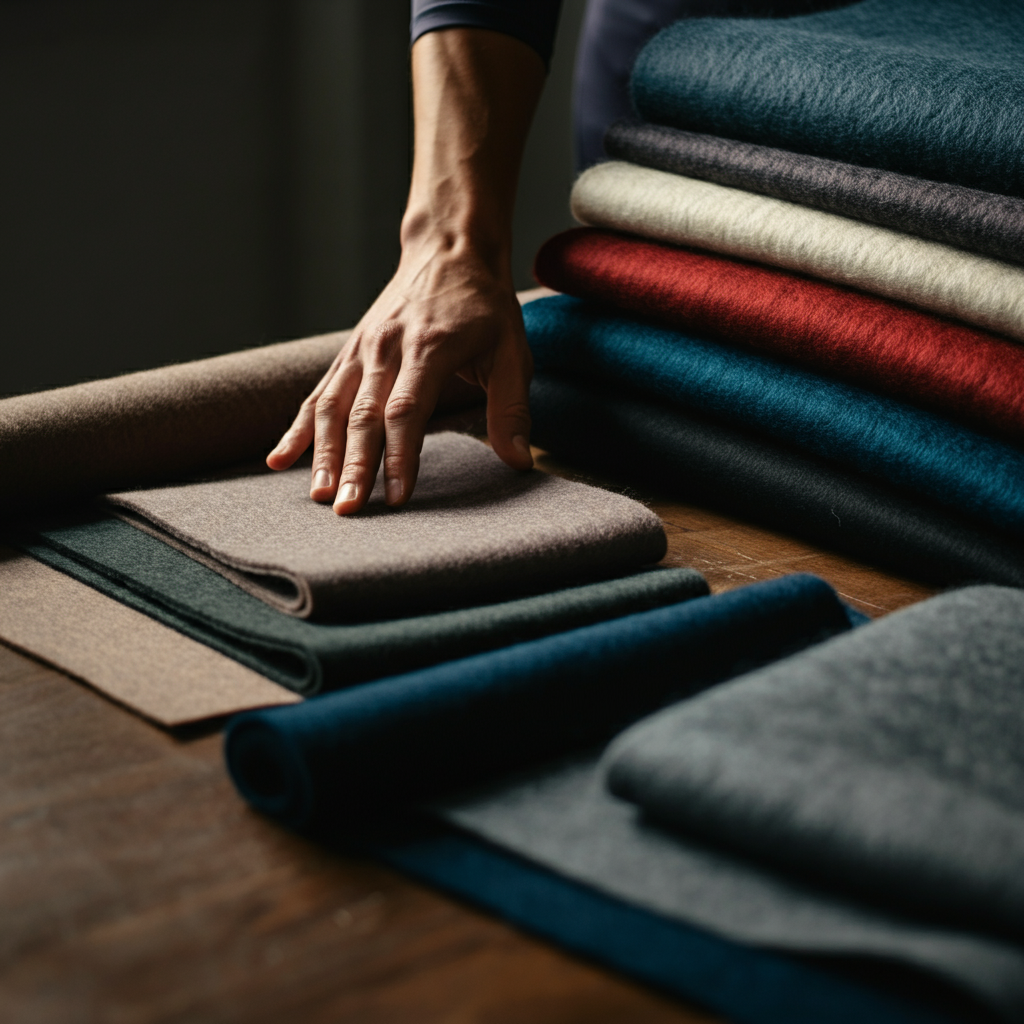 A variety of fabrics are laid out on a wooden table, showcasing different textures and colors. A hand gently touches a piece of thick felt, highlighting its density.