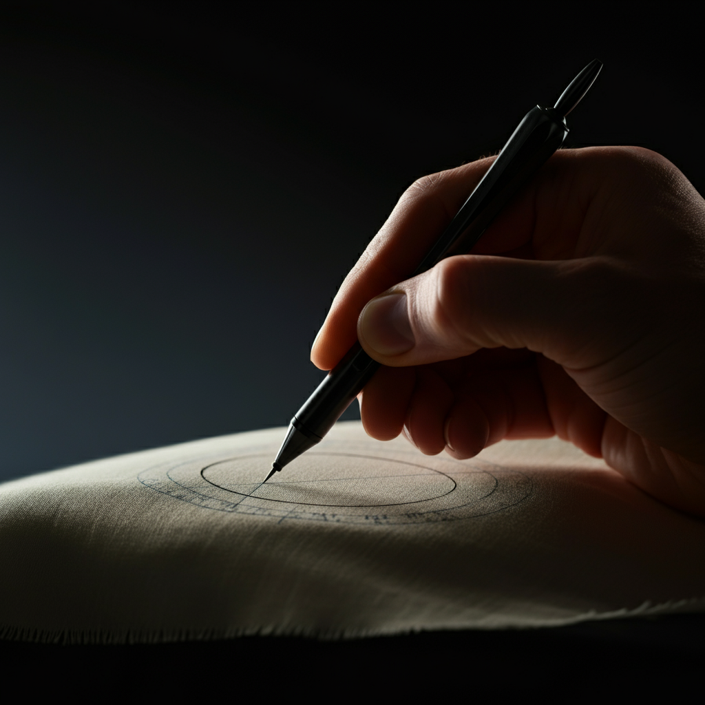 A hand is tracing a circle on a piece of fabric with a compass. The fabric is light-colored, and the pen creates a dark, crisp line. The background is slightly blurred with a soft bokeh.