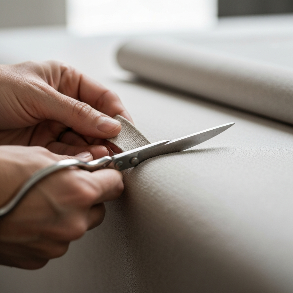 Close-up shot of a hand carefully cutting a thin strip of fabric with scissors. The focus is on the precision of the cut and the texture of the fabric. A shallow depth of field blurs the background.