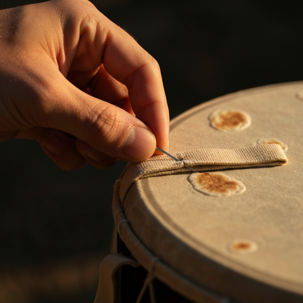 A hand is sewing a fabric loop onto the edge of a drum tortilla with a needle and thread. The stitching is neat and precise. Soft, diffused light illuminates the scene.