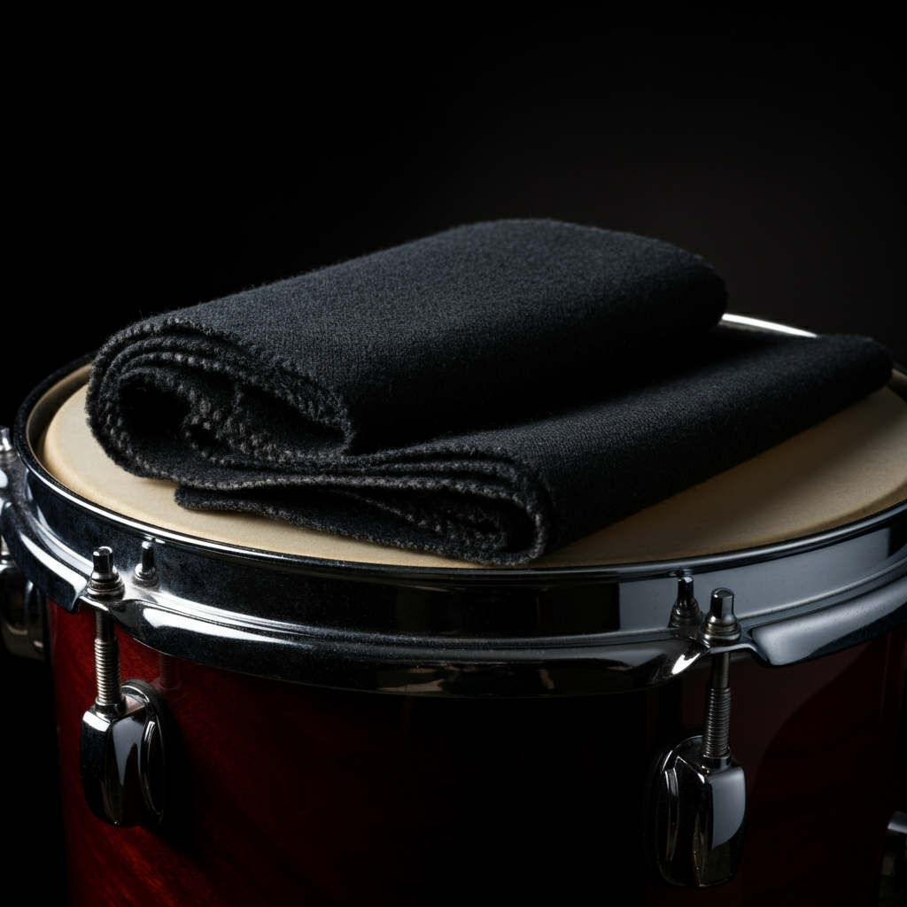 A drum tortilla is placed on a drumhead. The fabric is a contrasting color to the drumhead, making it stand out. The lighting is even and balanced.