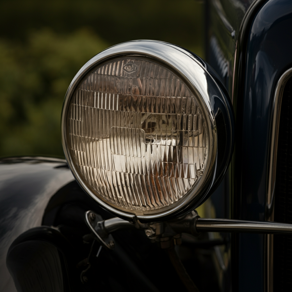 A close-up shot of a 1931 Ford Model A headlight, with golden hour lighting highlighting the chrome finish and texture of the headlight bar. Focus is sharp on the details of the bar and the surrounding fender, with a soft bokeh in the background showing the rest of the car.