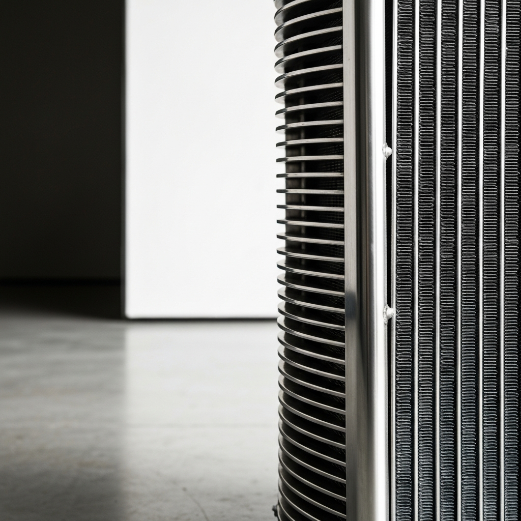 A side-lit image of a 1931 Ford Model A radiator grille, showcasing the stainless steel bars and the rounded shape of the radiator shell. The lighting emphasizes the metallic textures and the slight curves of the shell, taken in a professional garage setting.