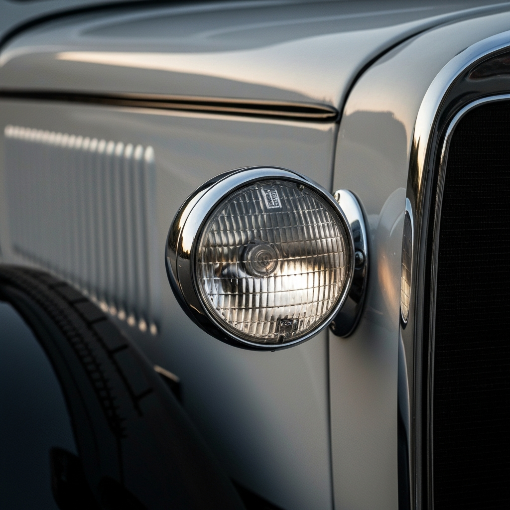 A detailed shot of a cowl light on a 1931 Ford Model A, emphasizing the shape, chrome trim, and mounting point on the cowl. Soft lighting highlights the subtle details of the light fixture and the surrounding painted surface of the car.