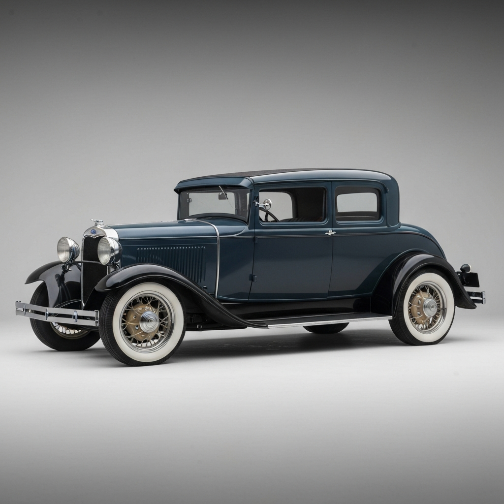 A wide shot of a fully restored 1931 Ford Model A Sedan, showcasing its body lines, paint color, and overall condition in a studio setting. Soft, even lighting illuminates the entire car, highlighting its classic silhouette and features.