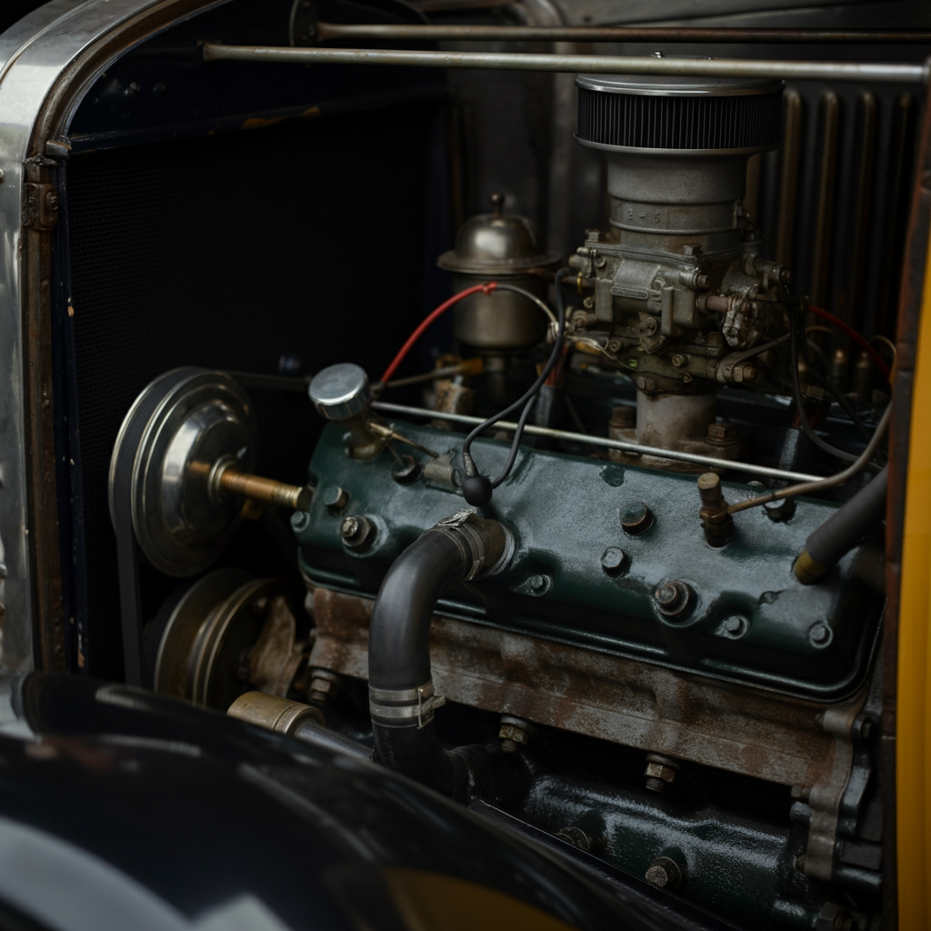 A close-up shot of a 1931 Ford Model A engine, with shallow depth of field focusing on the engine block and surrounding components. Grime and texture are visible, with soft lighting emphasizing the details of the engine's construction.