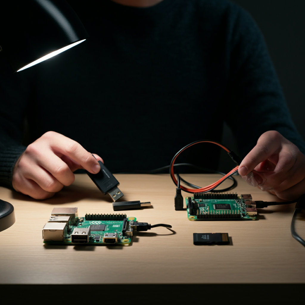 A well-organized workspace with a Raspberry Pi 4, USB drive, SD card, and various cables neatly arranged on a clean wooden desk. Soft, diffused natural light illuminates the components.