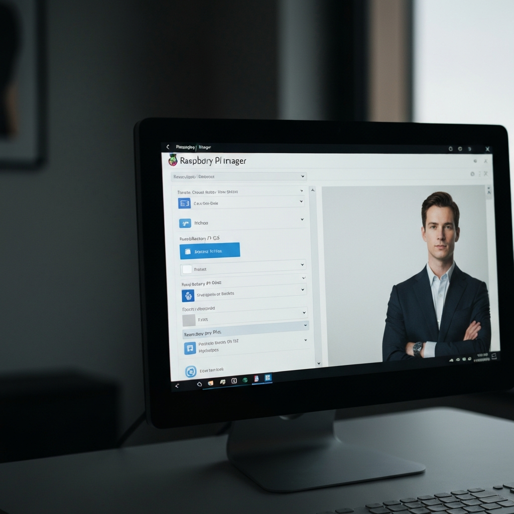 Close-up of a computer screen displaying the Raspberry Pi Imager software interface, with the Raspberry Pi OS Lite option highlighted. The surrounding environment is a dimly lit room with the soft glow of the monitor providing the primary illumination.