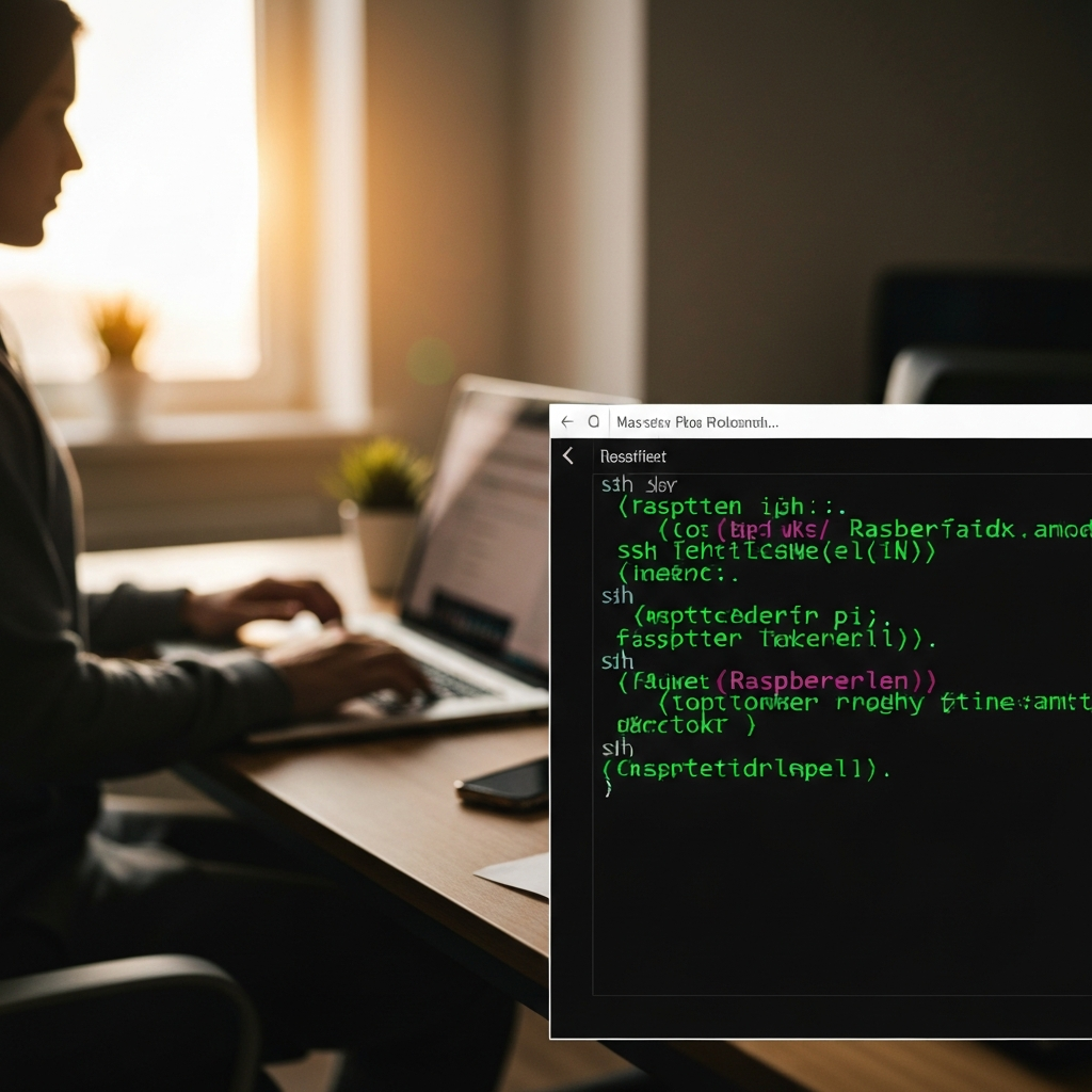 A blurred background of a home office setup with a person typing on a laptop. In the foreground, a close-up of the terminal window displaying an SSH connection to a Raspberry Pi, the text green on a black background.