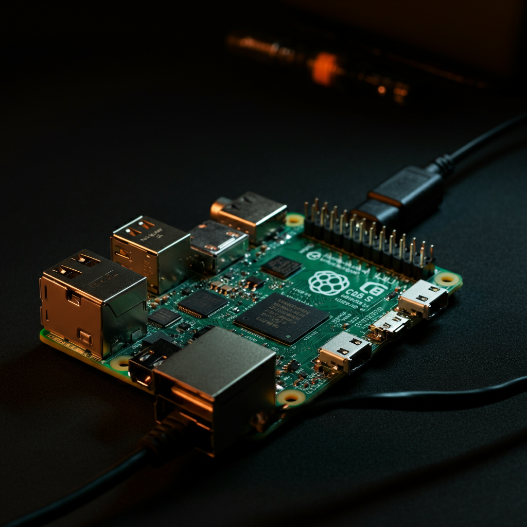 A Raspberry Pi 4 connected to a network cable and power adapter, resting on a workbench. Side-lit textures highlight the detail of the electronic components.