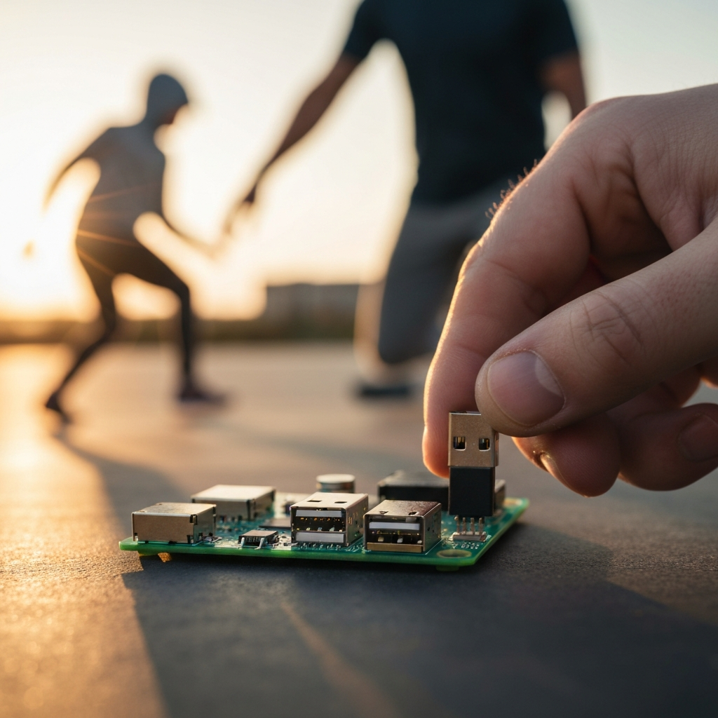 Close-up shot of a hand connecting a USB drive to a Raspberry Pi 4, with the USB ports and the side of the device in sharp focus.