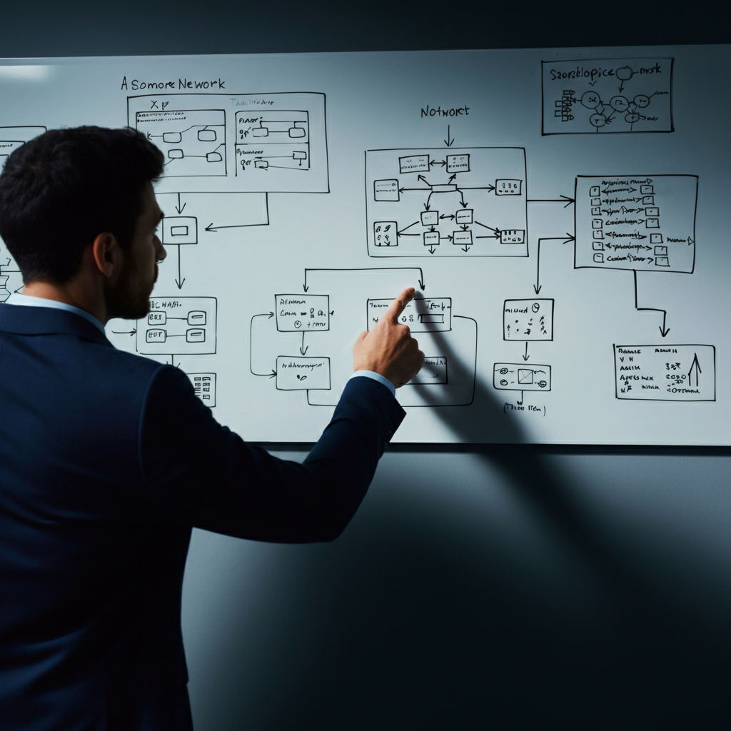 A well-lit office environment with a whiteboard in the background covered in network diagrams. A person is pointing at a section of the diagram, seemingly explaining network configuration.