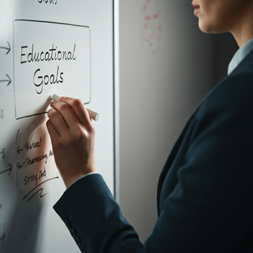 Close-up shot of a teacher's hands writing on a whiteboard with the words "Educational Goals" clearly visible. The lighting is soft and diffused, highlighting the texture of the whiteboard and the teacher's chalk-dusted fingers.