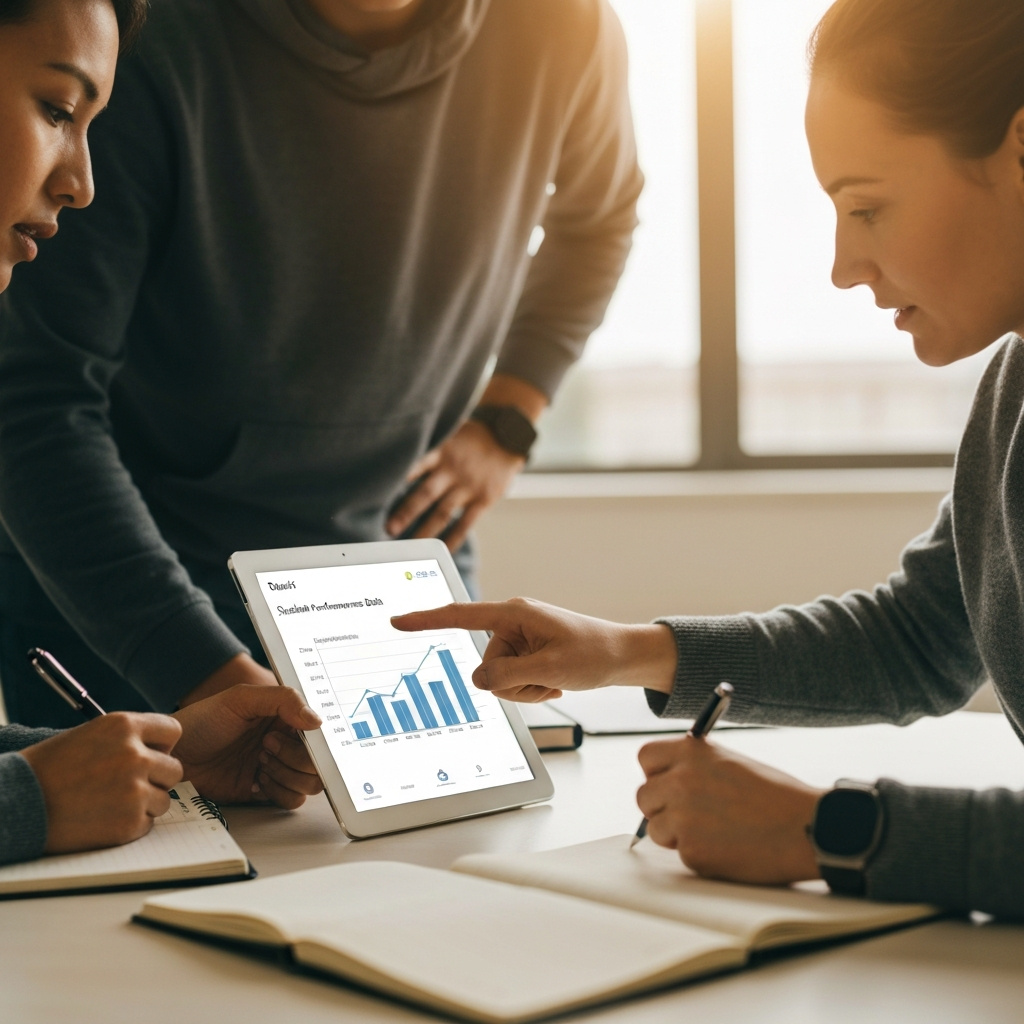 Medium shot of two teachers collaborating in a brightly lit staff room. One teacher is pointing at a tablet screen while the other is taking notes in a notebook. The tablet displays a graph illustrating student performance data.