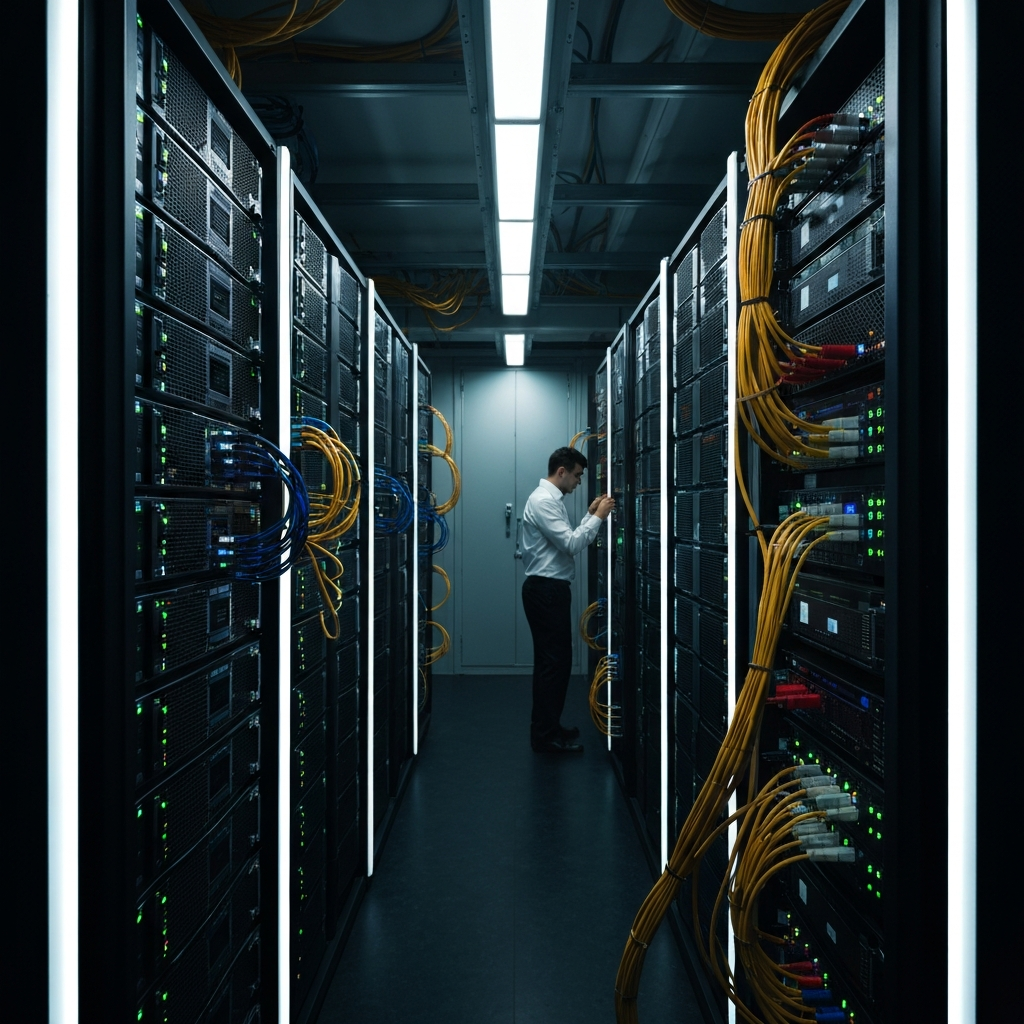 A dimly lit server room with blinking lights and rows of computer servers. The cables are neatly organized, and a technician is visible in the background, working on one of the servers. The overall impression is one of technological complexity and quiet efficiency.