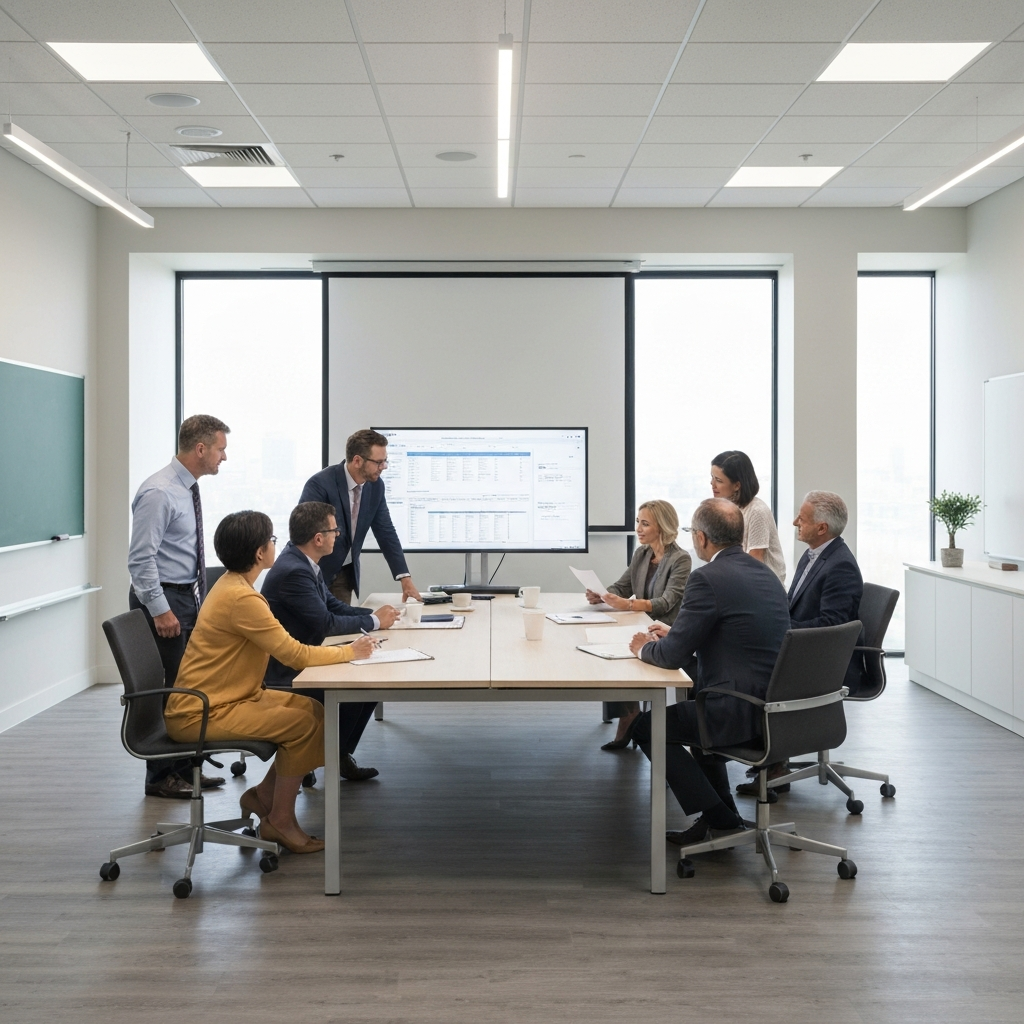 A meeting room with a group of teachers and administrators reviewing data on a large screen. The atmosphere is collaborative, and everyone is actively participating in the discussion. Soft, natural light fills the room, creating a professional and open environment.