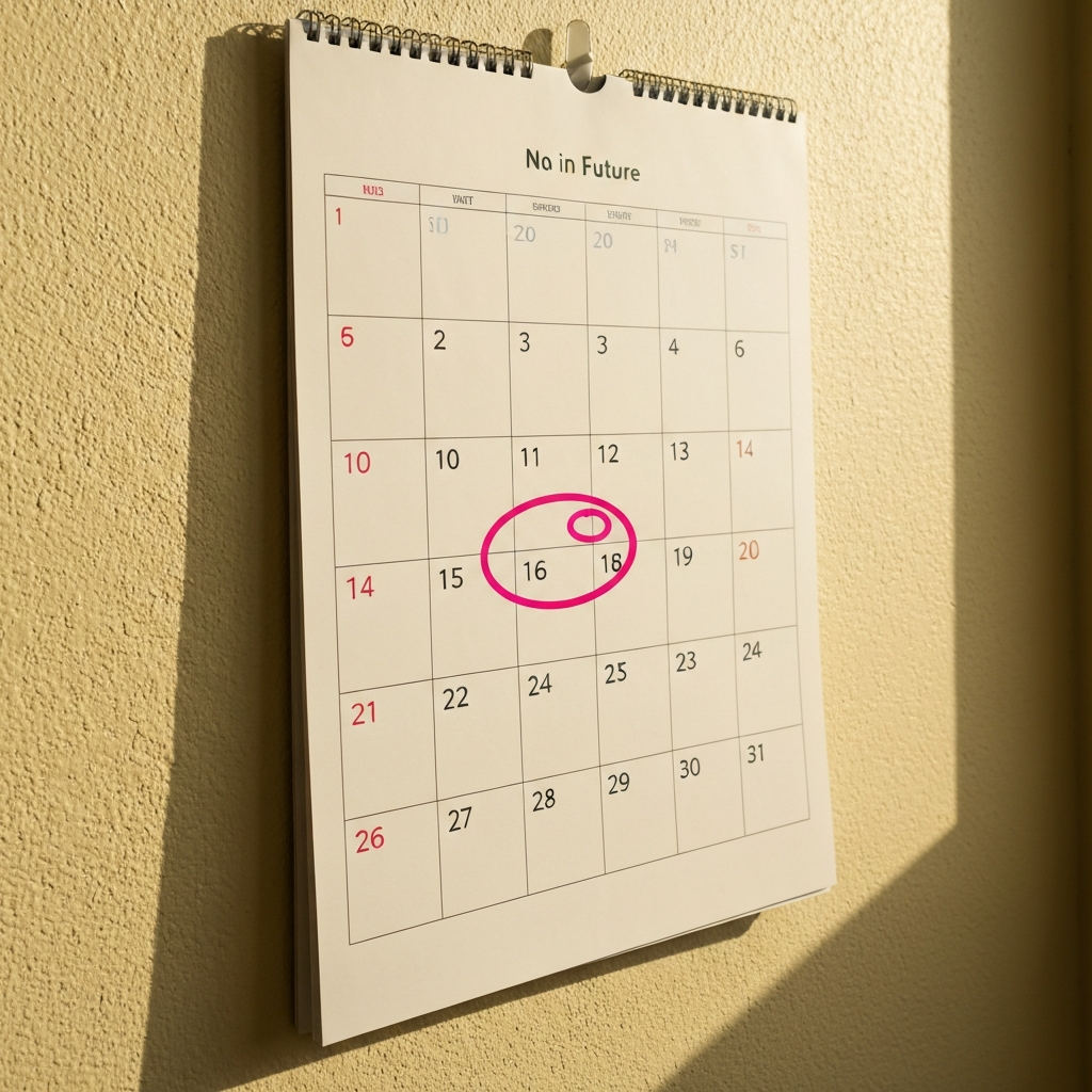 A calendar hanging on a wall, with a circle drawn around a specific date in the future. The calendar is side-lit, emphasizing the paper texture.