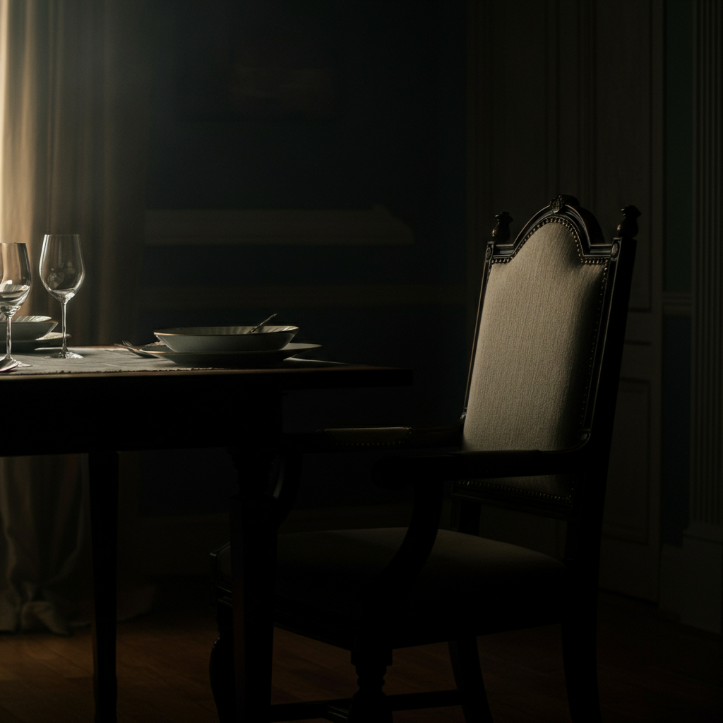 An empty chair at a dining table, with soft, diffused light coming through a window. The scene is peaceful and contemplative.