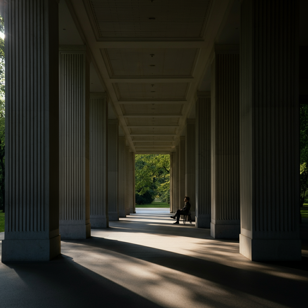 A person sitting alone in a park, looking thoughtful. Sunlight streams through the trees, creating dappled shadows on the ground.