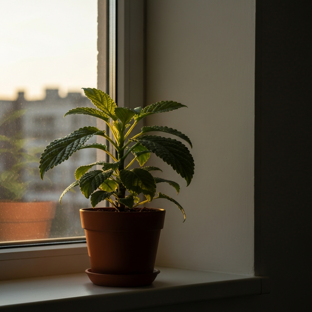 A single potted plant sitting on a windowsill, bathed in golden hour lighting. The leaves of the plant are textured and detailed.