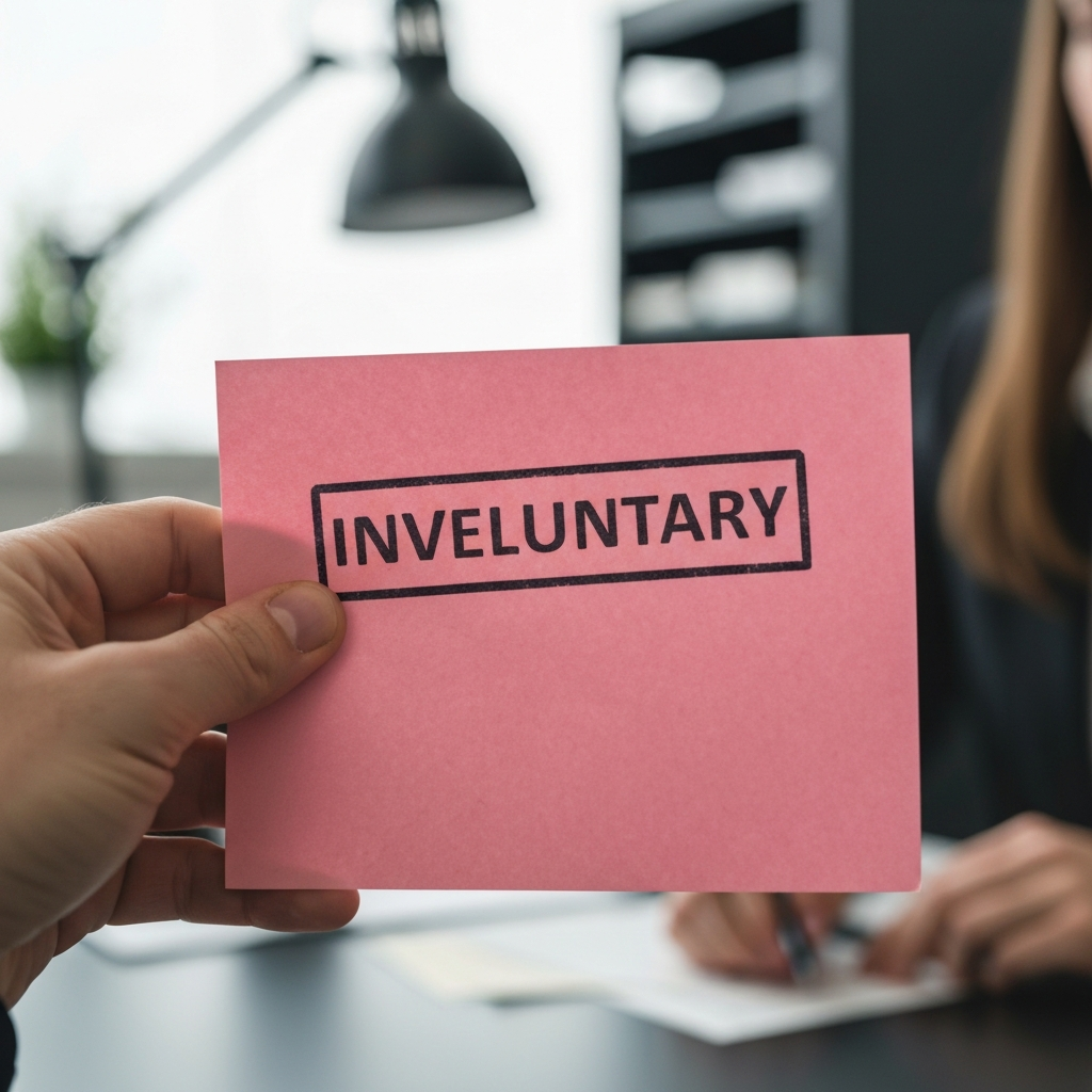 A close-up shot of a hand holding a pink slip with the word "INVOLUNTARY" stamped on it. The background is blurred, showing a tidy office desk with a muted color palette. Soft, diffused lighting highlights the texture of the paper.